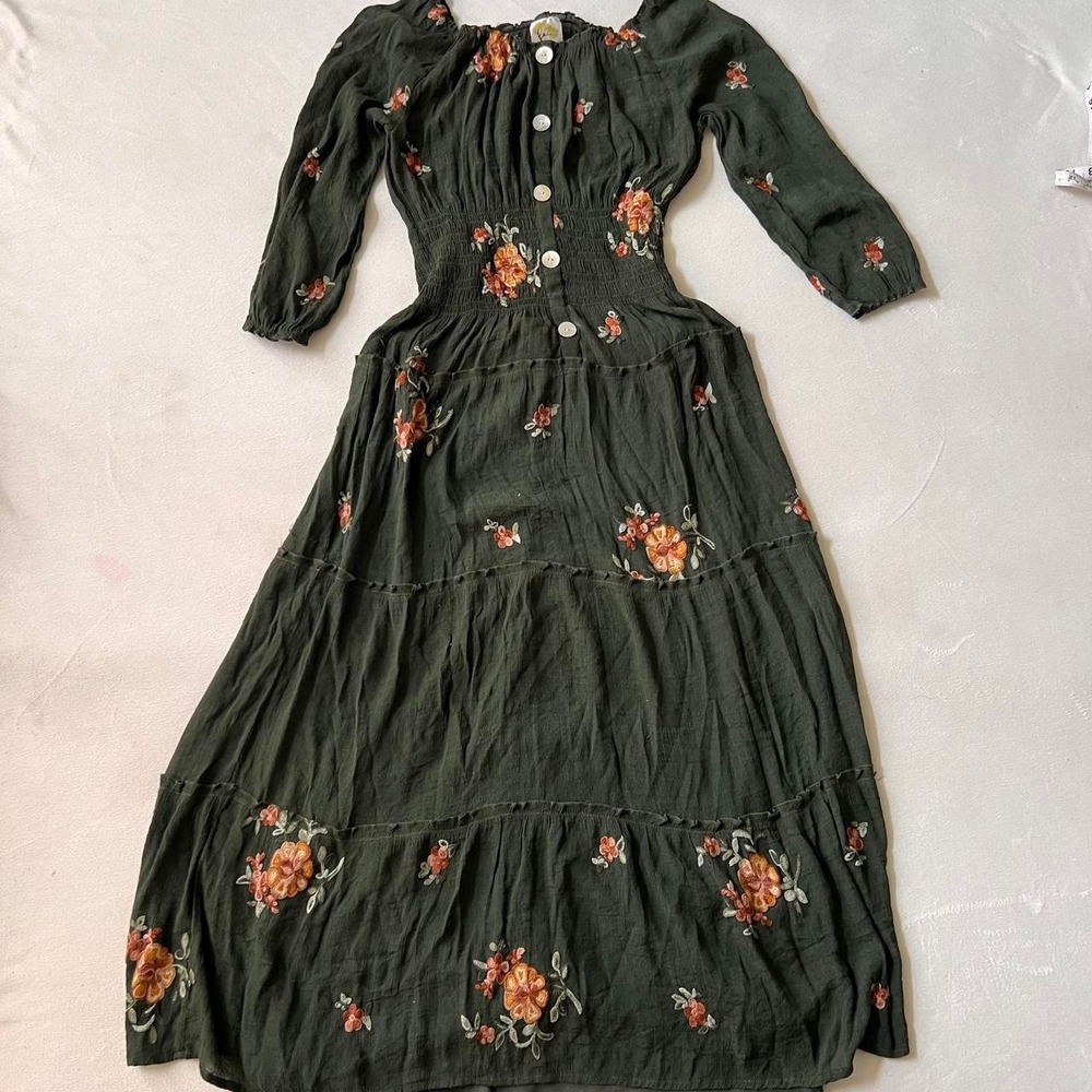 Fig & Flower Green Floral Embroidered Long Tiered Maxi Autumn Fall Thanksgiving
